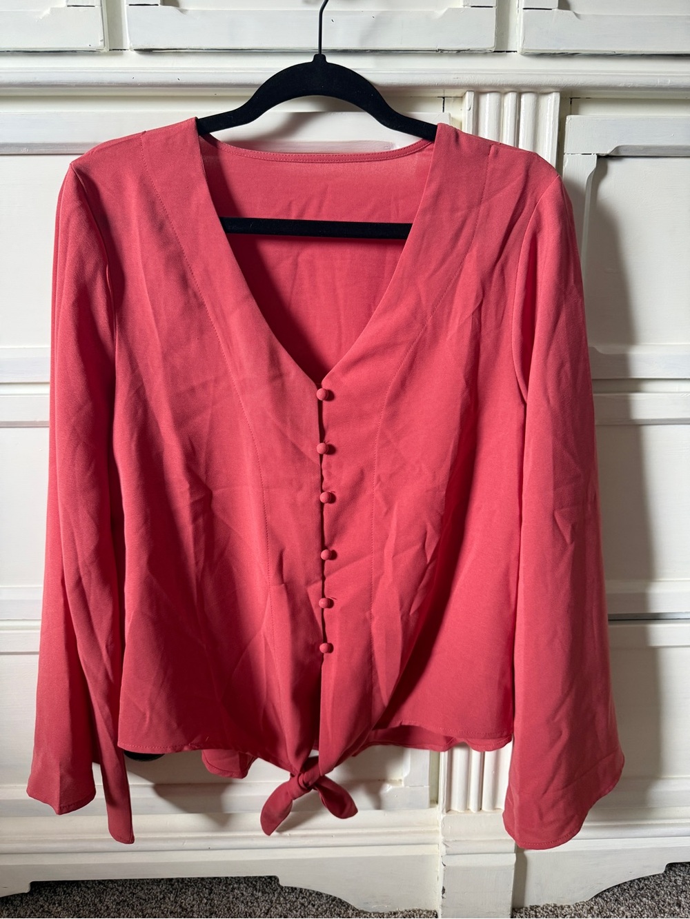 Womens Button-Front Tie Hem Top - Coral Pink